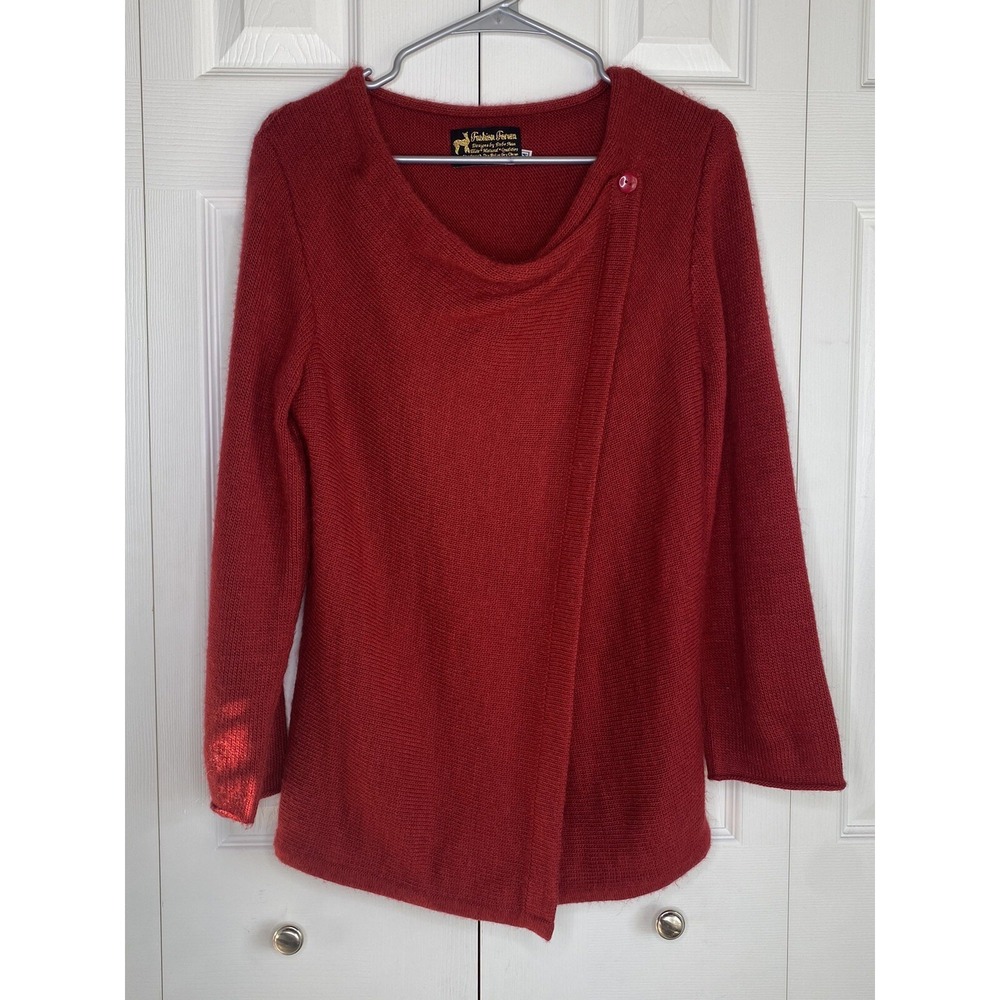 Alpaca Blend Sweater Fashion Forum Asymmetrical Overlap Front Roll Tab Red Sz M